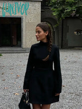Lunivop Elegant Women Black Half High Collar Dress Solid Long Sleeve Pocket Short Dresses Fashion
